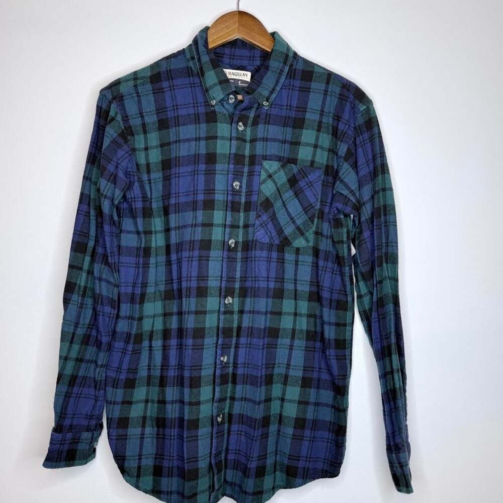 Magellan Outdoors Plaid Flannel Shirt Size S Blue Green Black Button Down